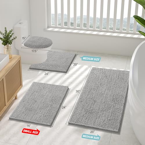 Image of Smiry Bathroom Rugs Set 2 Piece, Soft Absorbent Chenille Bath Mat and U-Shaped Toilet Rug Set, Non Slip Shaggy Bath Carpet for Tub, Shower and Floor (30x20+24x20, Light Grey)