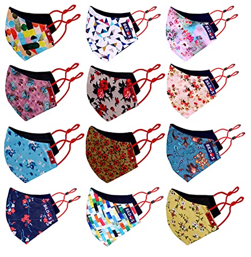 Image of Bildos Cotton Flower & Crystal Printed Cloth Without Valve Super Breathable Reusable Women's & Girl's Face Mask with Adjustable Ear Loop (Multicolour) - Pack of 12
