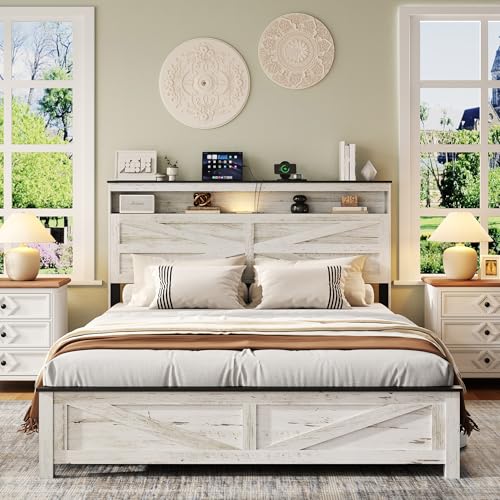 Farmhouse Queen Size Bed Frame with Headboard Storage Shelf Wood Platform Bed Frame with LED Lights & Charging Station Rustic White Metal Bed No Box Spring Needed Noise-Free Sturdy Structure