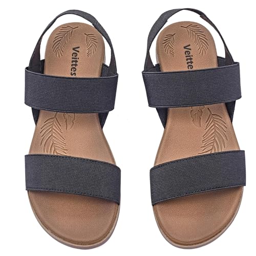 Veittes Women's Flat Slide Sandals-Adjustable Double Elastic Bands,Crossover Straps,Fashion Casual Summer Flat Sandals.