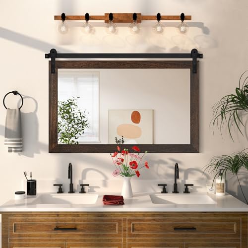 Image of COGOOD Farmhouse Bathroom Mirror - 49 inch x 30 inch Rustic Barn Door Mirror for Living Room, Entryway, Bedroom, Vanity Wall Decor (Black Brown)