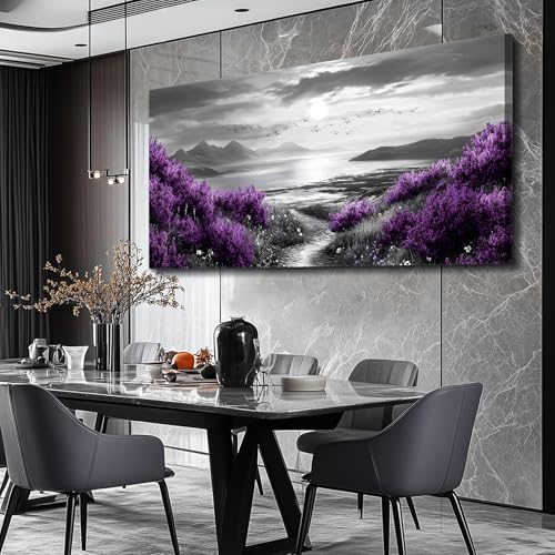 Canvas Wall Decor for Bedroom Large Wall Art for Living Room Modern Office Wall Decoration Purple Flowers Landscape Paintings Black and White Scenery Pictures Artwork Aesthetic Home Decor