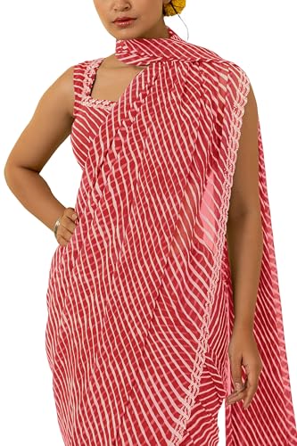 Image of MIRCHI FASHION Saree for Woman Georgette Solid with Satin Stripes | Stone Border Farewell and Ceremonial Sari with Blouse Piece