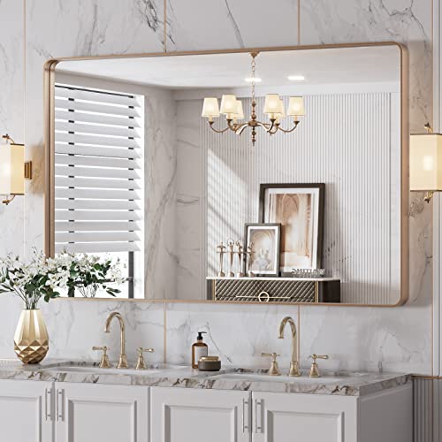 LOAAO 48”X30” Gold Bathroom Mirror, Rounded Rectangle Gold Frame Mirror, Brushed Gold Bathroom Vanity Mirror Wall-Mounted, Anti-Rust, Tempered Glass, Hangs Horizontally or Vertically -  G12176