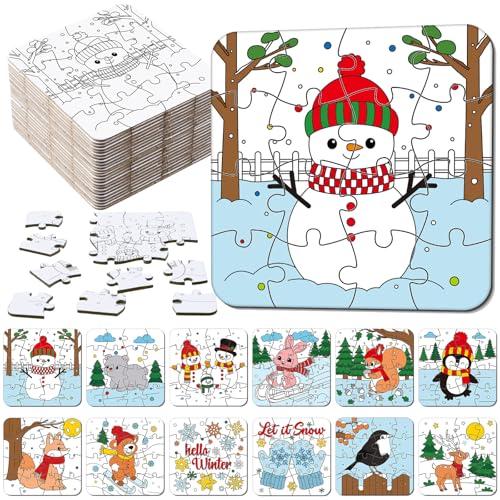 Realspring 24 Pack Hello Winter Color Your Own Jigsaw Puzzles for Kids 3-5, 4-6, 6-8, Coloring Christmas Crafts DIY Paper Puzzles Party Favors Gifts for Toddler Children Learning Education Toys