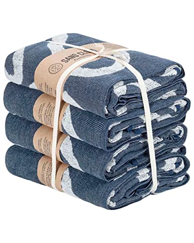 Sand Cloud Turkish Bath Towels -100% Certified Organic Turkish Cotton Yarn - Lightweight - Large Size - Dry Faster And Cleaner - Set Of 4 - Dahlia Xl Bundle Navy #TOP4