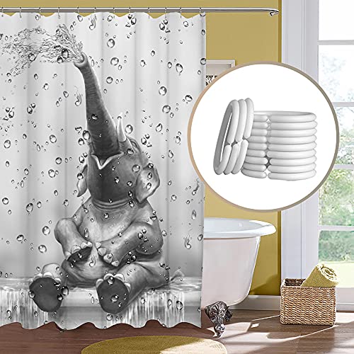 African Elephant Shower Curtain Funny Elephant Taking Shower Bathroom Curtain Cute Wild Animal On Raindrop Background Bath Curtain Fabric Bathroom Decor Set For Kids Hooks Included 72X72Inch #TOP4