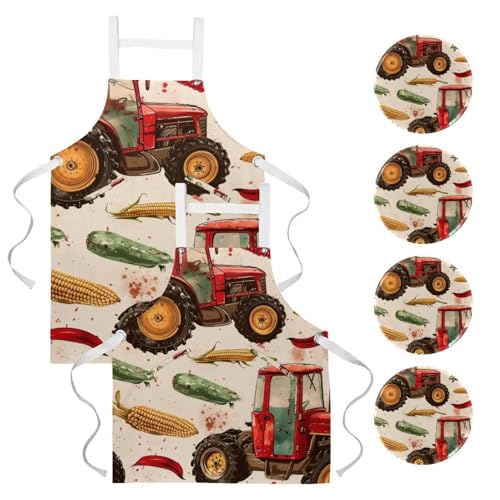 Tablier de cuisine multicolore à motifs tracteurs et poivrons avec 4 broches