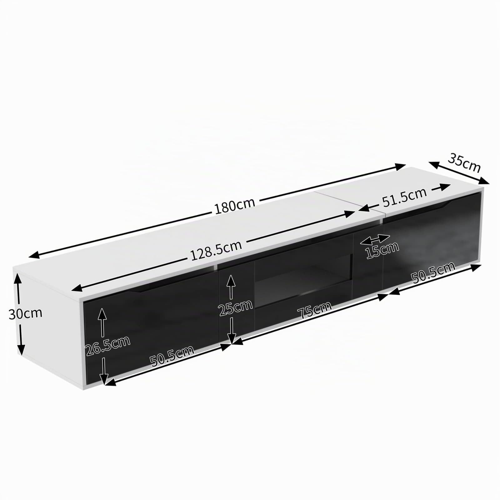 PUGSDRLY Meuble TV Bas avec 3 Compartiments de Rangement,Meuble TV Moderne avec lumière LED changeant de Couleur,180x35x30cm (Noir+Blanc,Trou carré)