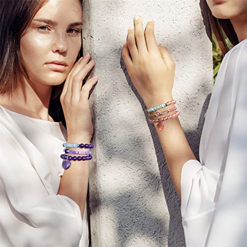 Vinswet Healing Crystal Beaded Bracelets For Women,Natural Amethyst Moonstone Gemstones Bracelet,Anxiety Stress Relief Heart Charm Bracelet Handmade Purple Jewelry Gifts For Women (3Pcs) (Amethyst&6Moonstone) #TOP6
