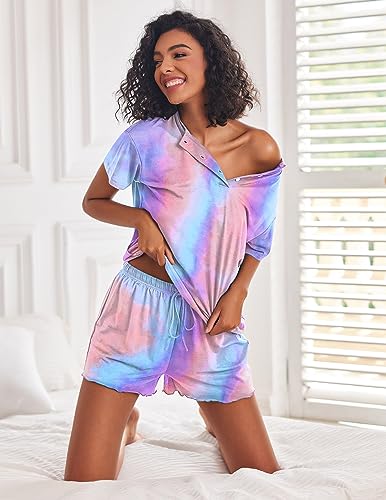 Image of Ekouaer Pajamas Set for Women Short Sleeve Lounge Set 2 Piece Loungewear PJs Soft Cute Lightweight Sleepwear