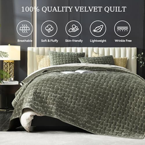 Image of Grassix Velvet Quilt Set King Size, Luxury Geometric Design, Olive Green | Lightweight Velvet Comforter with 2 Pillow Shams, Soft Bedspread Coverlet, Quilted Bedding Set for All Seasons, 108 inchx96 inch