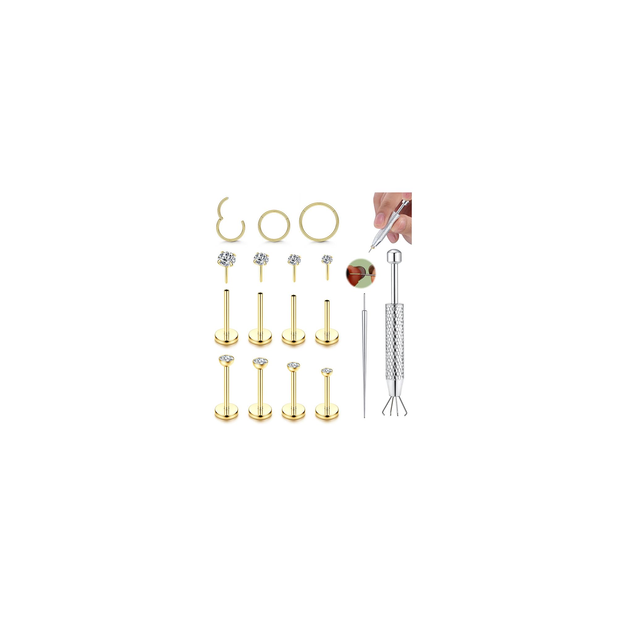 CASSIECA 12Pcs Piercing Labret Acero Quirurgico Piercing Nariz Piercing Oreja para Mujer Hombre Piercing Tragus Helix Labio con Circonita Cúbica Cartílago Monroe Piercing Joyería 20G/18G/16G