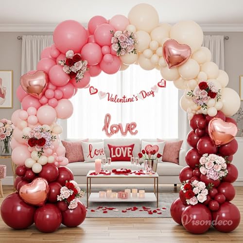 Image of Burgundy Pink Balloon Arch Kit Birthday Decorations, 131 Balloons | 6 Rose Gold Foil Hearts, 5 /12 /18 in Latex, Valentine's Day, Mother's Day, Baby Shower, Proposals, Weddings
