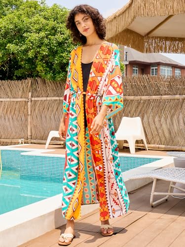 Image of Women's Kimono Cover Up Long Beach Dress Swimsuit Cover Ups Colorful Cardigan Lightweight Robe for Swimwear