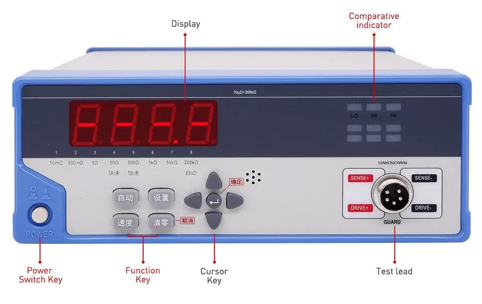 Micro Ohm Meter DC Low Resistance Tester Low Ohm Meter Tester DC Low Resistance Testing Instrument with Measurement Range10μΩ to 200kΩ Accuracy 0.2% 0.8 inch LED Display