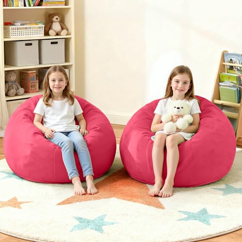 Image of HABUTWAY 2FT Bean Bag Chair 2-Pack, 2' Beanbags Small Bean Bag Chairs with Filling, Teardrop Bean Bag Chair Luxurious Velvet Ultra Soft Fur with Removable Cover(Hot Pink)