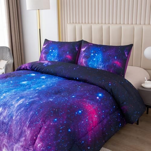 Image of NINENINE Galaxy Comforter Girls Twin Bedding Sets Purple Comforter Set Bed in a Bag Twin Space Bedding Set with 1 Comforter 1Pillowcase