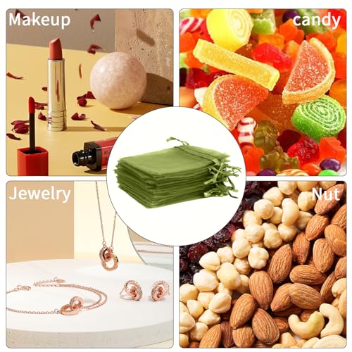Image of BOEIAC 100 Pcs Sheer Small Drawstrin Organza Bags, Army Green 3 x 4 inch Jewelry Gift Mesh Party Wedding Favor Mini Candy Bags for Weddings Birthday Party Favors
