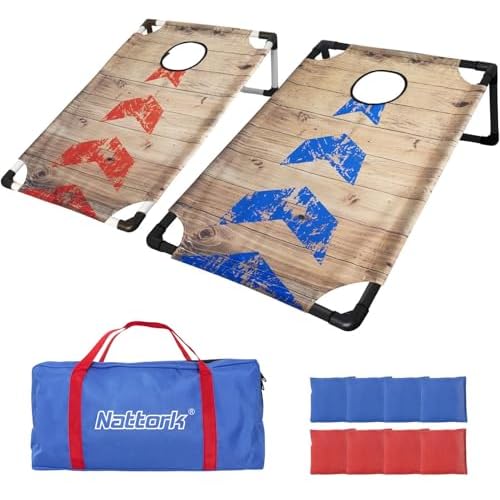 Portable Cornhole Set PVC Framed Corn Holes Outdoor Game Set with 2 Cornhole Boards, 8 Cornhole Bean Bags and Carrying Case, Camping Games Indoor Outdoor for Kids and Adults, Travel Camping 
