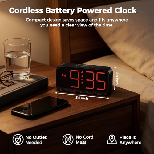 Image of Acedeck Battery Operated Alarm Clock for Bedroom Travel: Cordless Compact Large Display Digital Clock with Auto Dimming - 4 Dimmers Easy to Use for Adults Seniors Red Digits