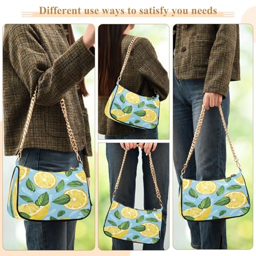 Image of Shoulder Bags for Women Vintage Yellow Lemon Fruit and Blue Print Hobo Tote Handbag Small Clutch Purse with Zipper Closure
