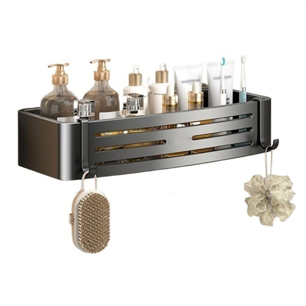 SDGBCXD bathroom shelves, Wall-Mounted Adhesive Shower Caddy with 4 Hooks, No Drill Towel Storage Solution(Black)