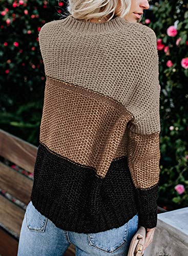 Tiksawon Womens Color Block Striped Oversized Crew Neck Sweaters Pullover Fashion Long Sleeve Loose Knitted Jumper Tops (A-Khaki, Small)
