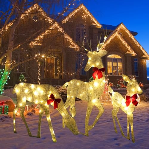 YuuFcy Christmas Reindeer Light up Deer Set of 3 Christmas Light Up Reindeer Family Outdoor Decoration,Mains Powered LED Twinkling Reindeer for Home and Garden (A)