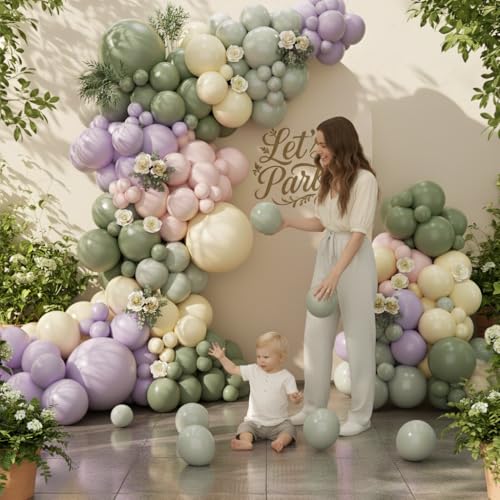 Image of Pastel Balloon Arch Garland Kit 154pcs, Double Stuffed Light Green Sage Green Purple Yellow Macaron Pink Balloons Arch Kit for Wildflower Baby Shower Wedding Birthday Party Decorations