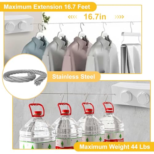 Corde à linge rétractable intérieure et extérieure 5m fil acier inoxydable blanc - 5