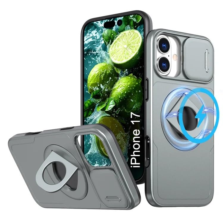 Image of LuxuryKase MagSafe Shockproof Rugged Back Case for iPhone 17 | Finger Ring Kickstand & Sliding Camera Cover | Military Drop Protection | Wireless Charging Support - Grey
