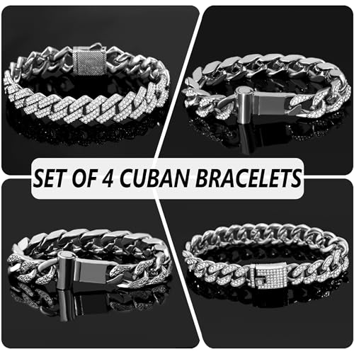 4PCS 18K Gold Silver Bracelets for men Women, Cuban Link Chain Bracelet Set for Men Women, Silver Diamond Bracelet Pack for Mens Jewelry4