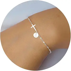 Cross Bracelet for Women, Easter Basket Stuffers for Teens Gold Initial Bracelets for Teen Christian Gifts for Women Dainty Religious Baptism Religious Confirmation Communion Faith Jewelry