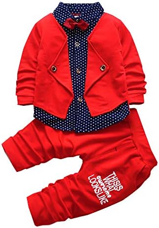 HZXVic Toddler Boy Gentleman Outfits Suit,Baby Tuxedo Dress Shirt with Bowtie + Pants Clothes Sets (Red, 18M)