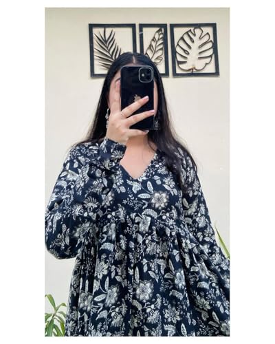 Image of Women's Floral Print Reyon Peplum Top - Casual Loose Fit 3 /4 Sleeve Tunic top, Stylish V-Neck Flared Kurti, Comfortable Everyday Wear