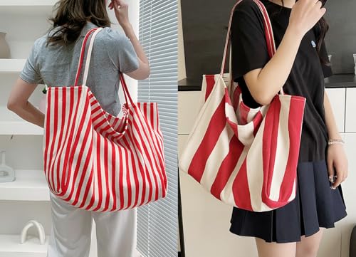 Image of Striped Canvas Tote Handbag for Women Vertical Stripe Large Capacity Shoulder Bag for Shopping Travel