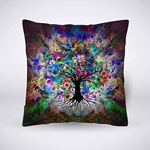Pehede Throw Pillow Cover Abstract Multicolored Tree with Butterfly and Geometric Shapes Cotton Linen Pillow Case Decorative for Sofa Couch Chair Bedroom 18X18 Inch Cover