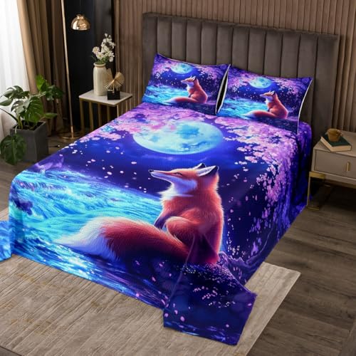 Erosebridal Fantasy Fox Queen Quilt,Pink Cherry Blossom Floral Bedding Set for Boys Girls Kids,Blue Ocean Waves Quilts Bed Set,Galaxy Moon Coverlet Bedroom Decor with 2 Pillowshams