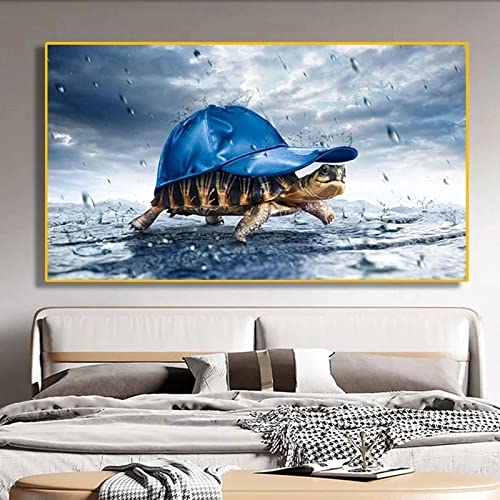 Affiche tortue avec chapeau peinture sur toile déco salon 70x120cm