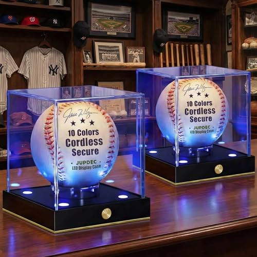 JupDec Cordless LED Baseball Display Case, Clear Acrylic Cube Baseball Holder with 10 Color Light Up, Autograph Ball Showcase Box with Memory Function, Ideal Gift for Sports Fans, Gold, 2 Pack