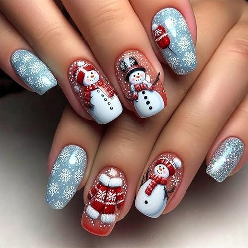 24 Pcs Christmas Square Press on Nails Medium Fake Nails with Design Red Snowmen Snowflakes Full Cover Christmas Nails Blue Artificial Acrylic Glue on False Nails for Women