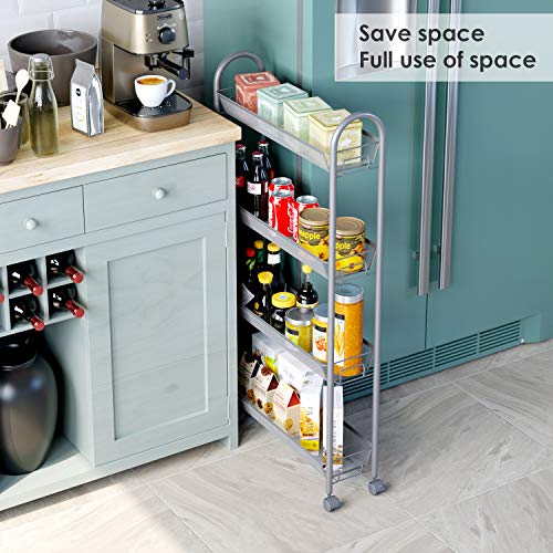 HOMFA 4-Tier Gap Kitchen Slim Slide Out Storage Tower Rack with Wheels, Cupboard with Casters - Silver