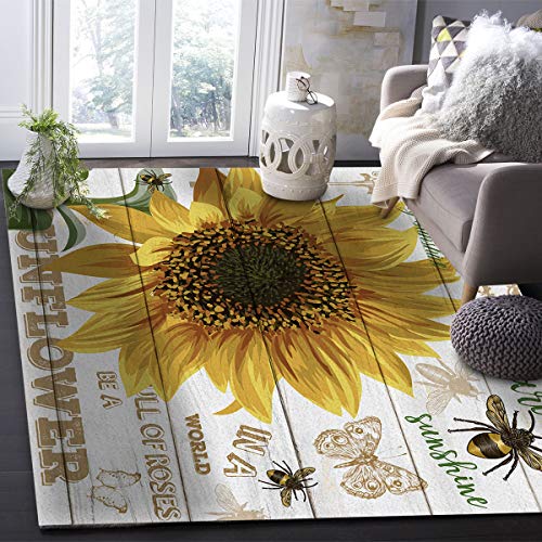 Savannan Rectangle Indoor Area Rugs, Summer Farm Sunflower Bee Butterfly Painting Sunshine Old Wood Plank Non-Slip Accent Rug For Living Room Bedroom Office Kids Room Nursery, 2'X3' #TOP5