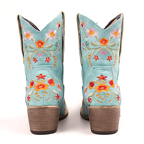 Crysigne Women Flower Embroidered Ankle Cowgirl Boots Square Toe Western Boots Chunky Heel Pull On Short Boots #TOP5