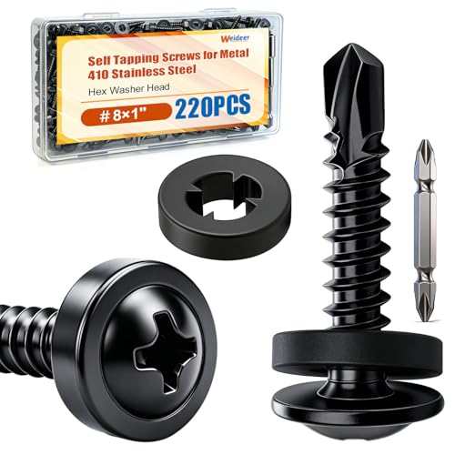 weideer 220pcs #8×1" Self Tapping Screws for Metal, 410 Stainless Steel Metal Screw, Black Oxide Truss Head Sheet Metal Screws with Washer, Screwdriver Bit K-158-BK-25mm