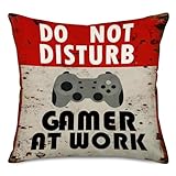 Fukeen Red Signs Board Do Not Disturb Throw Pillow Cases Vintage Cotton Linen Cushion Covers Gamer at Work with Gamepad Decorative Home Sofa Standard Pillow Shams 18