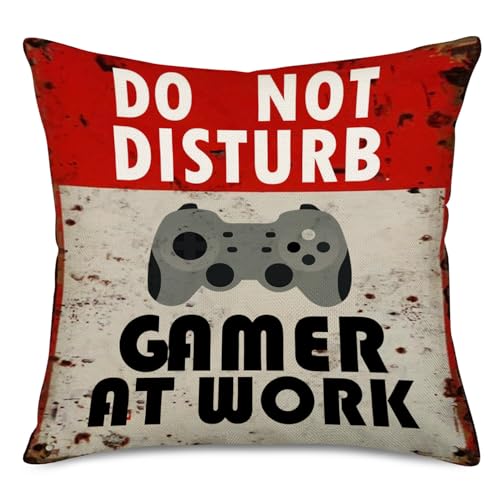 Fukeen Red Signs Board Do Not Disturb Throw Pillow Cases Vintage Cotton Linen Cushion Covers Gamer at Work with Gamepad Decorative Home Sofa Standard Pillow Shams 18”x18”