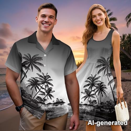 Image of Hawaii Matching Couple Outfits Husband and Wife Clothing Fashionable Mens Casual Shirts Hawaii Dress with Soft Fabric
