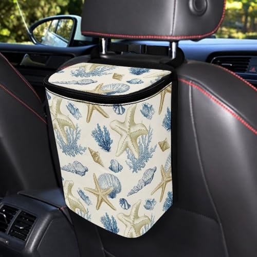 Image of Talayituse Starfish Conch Coral Print Car Trash Can with Adjustable Straps, Car Trash Bag Bin Car Garbage Bag Multipurpose Storage Box for Vehicle Travel Camping Picnicing